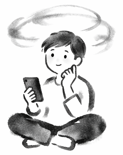 ネット通販を見ながら迷っている人物の墨絵イラスト